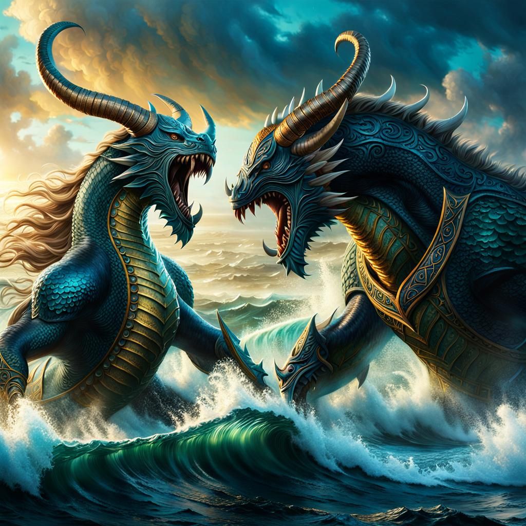 Viking Sea Monsters Battle in Golden Light