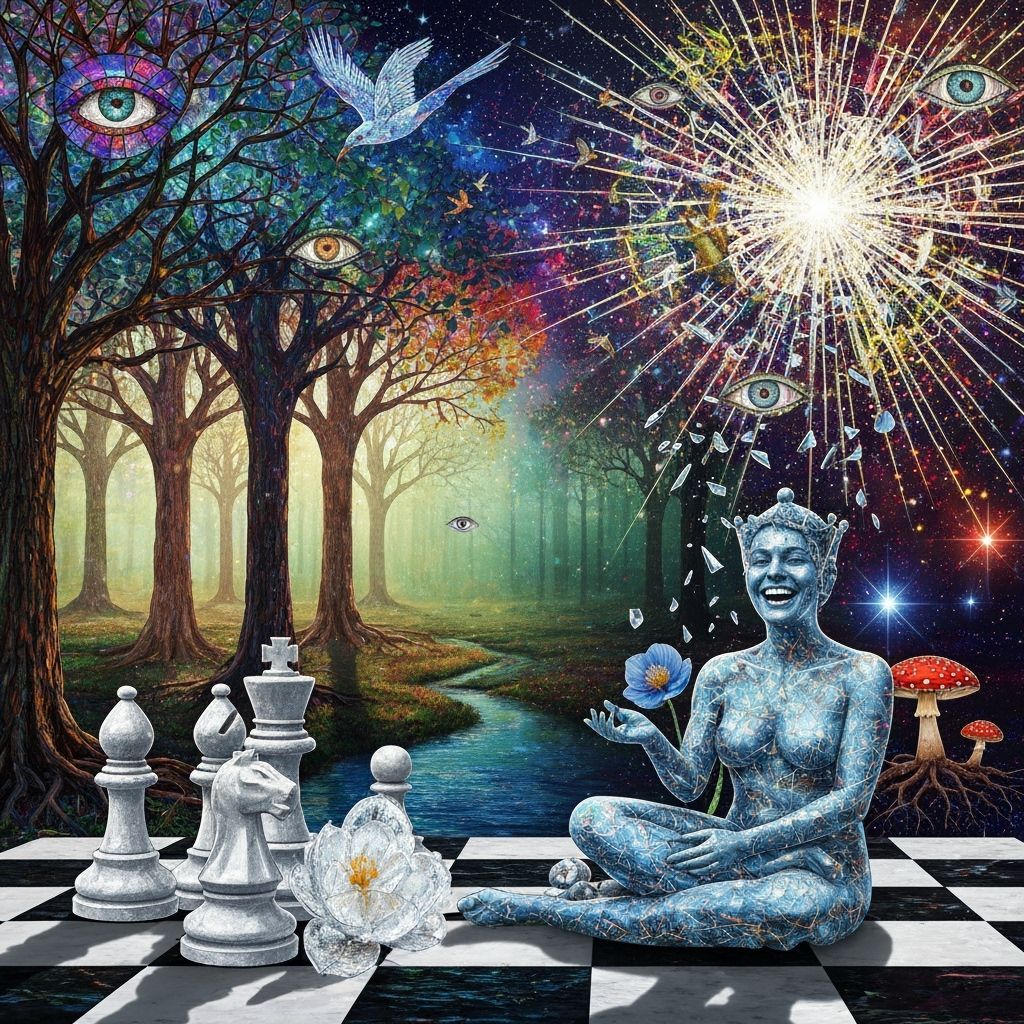 Stained Glass Forest Glade with Astral Sky and Chess Queen