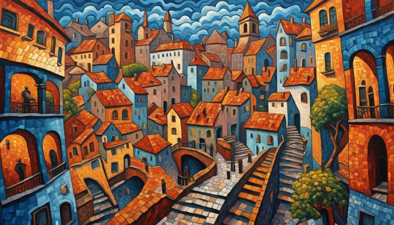 Surreal MC Escher Style City in Impasto