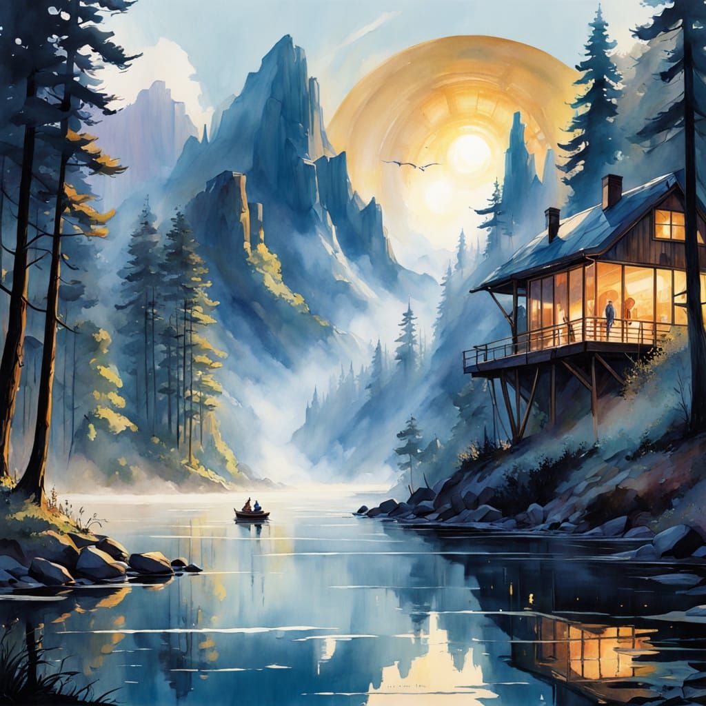 Watercolor Boat on Lake at Sunset, Ethereal Fantasy Art