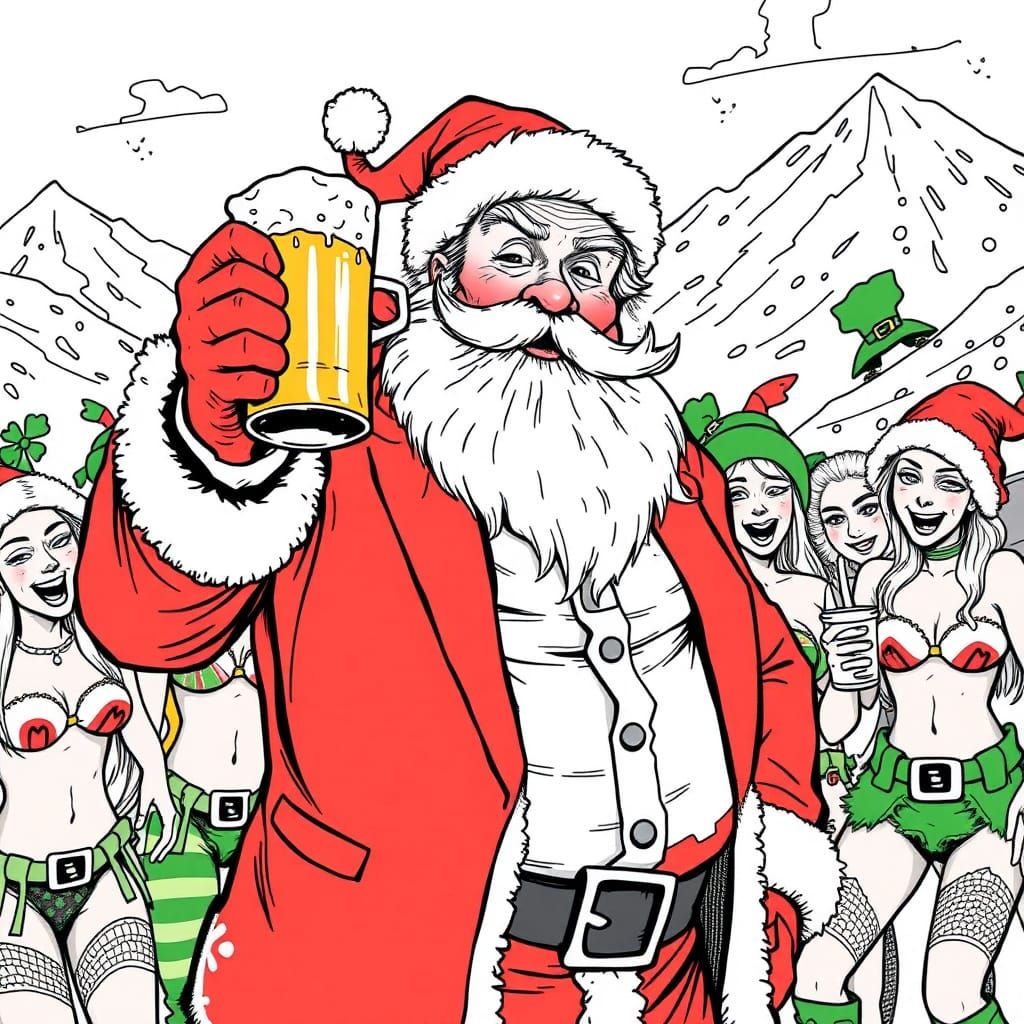 Inebriated Santa at Après-Ski Party: Whimsical Line Art