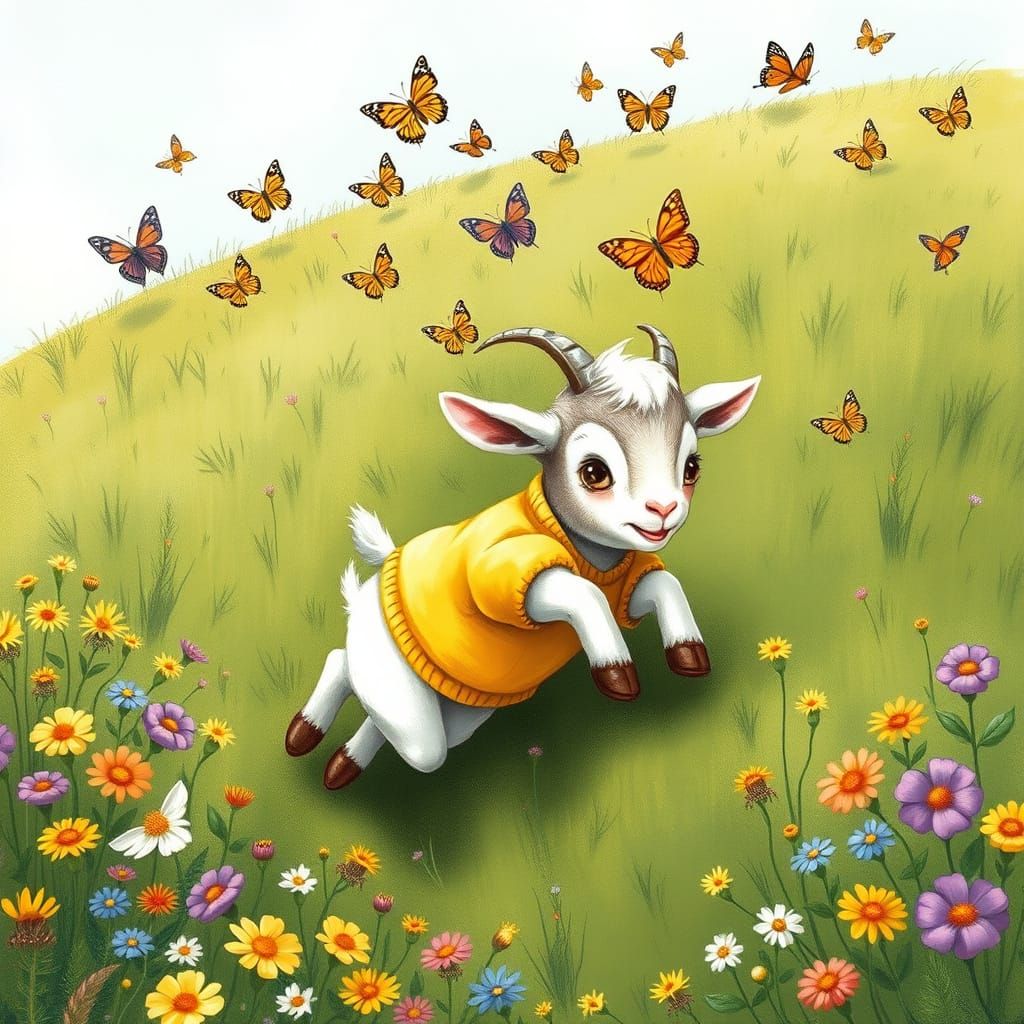 Whimsical Woodland Goat Chases Butterflies