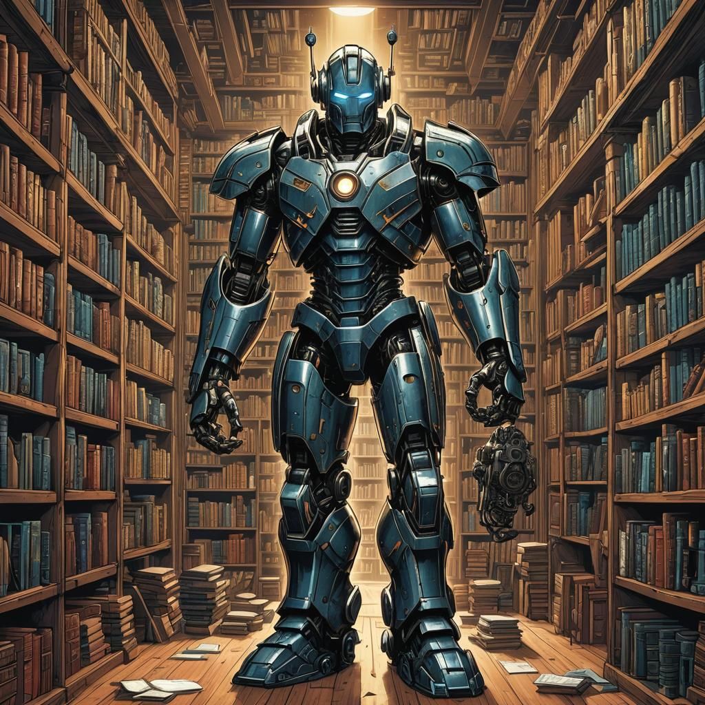 Ancient Robot Superhero Library in Comic Book Style