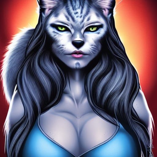 Photorealistic Cat-Woman Portrait in Comic Book Style