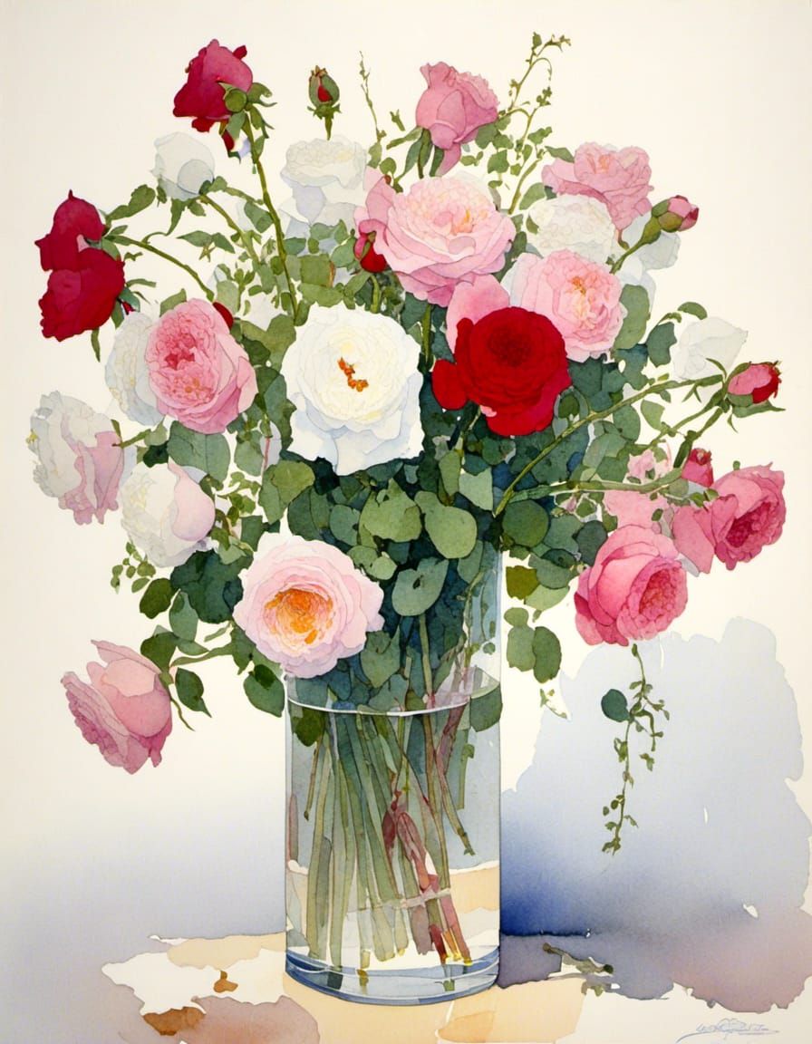Whimsical Watercolor Roses in a Glass Vase