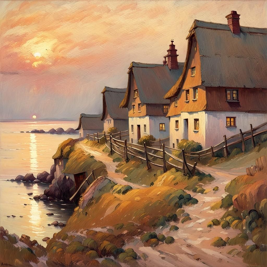 Baltic Village Sunset in Vintage Painting Style