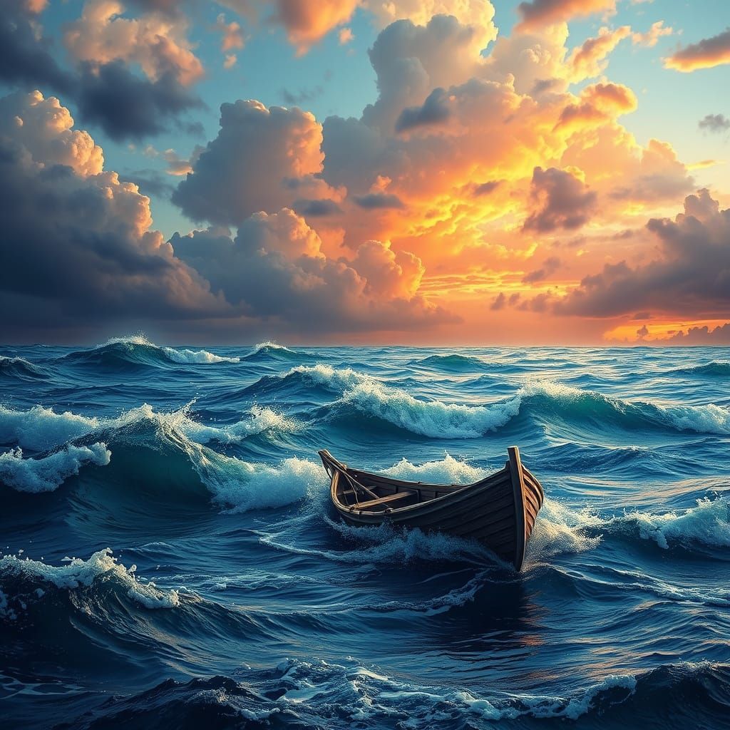 Small Boat Tossed on Turbulent Sea Under Dramatic Sky