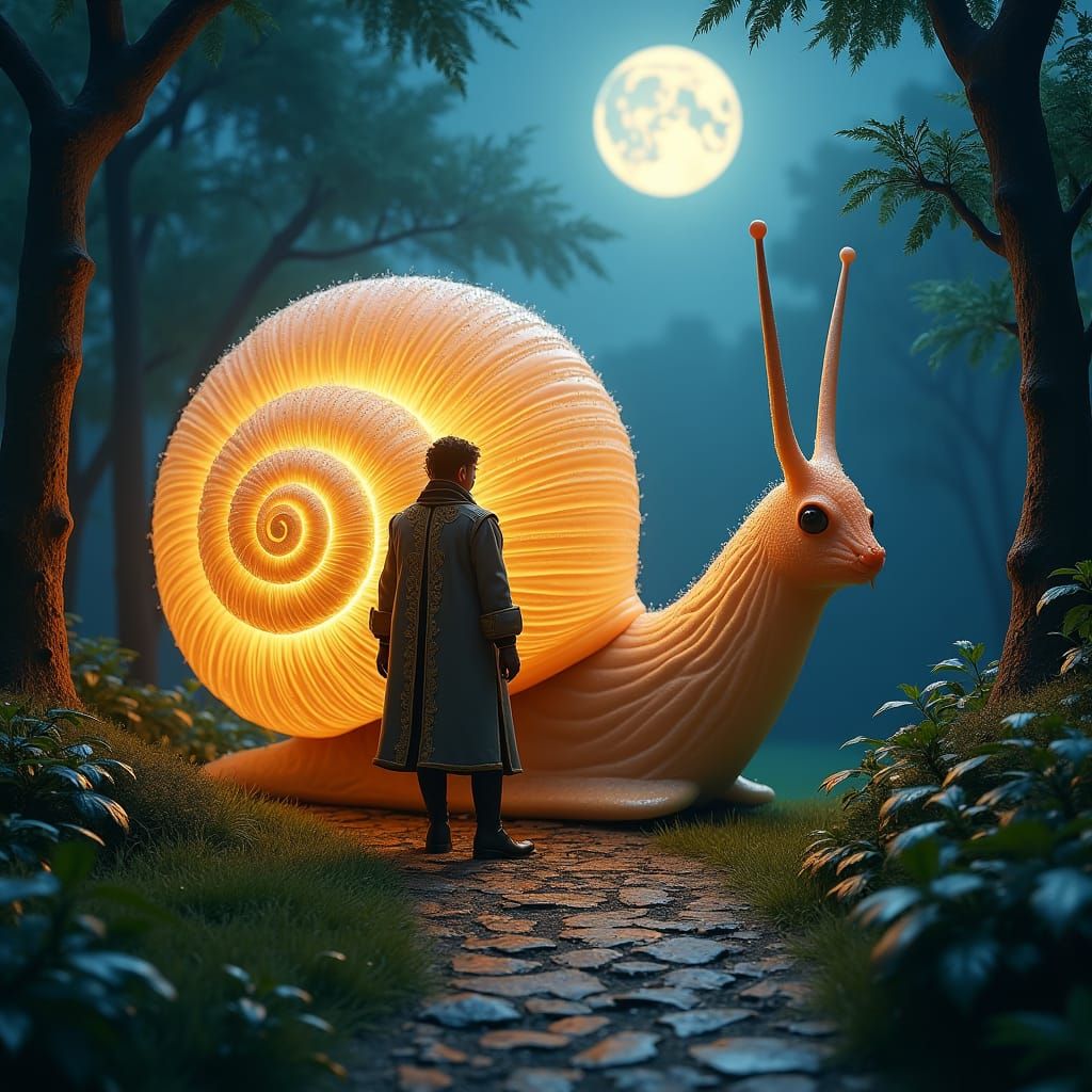 Luminescent Giant Snail Home in Moonlit Glade