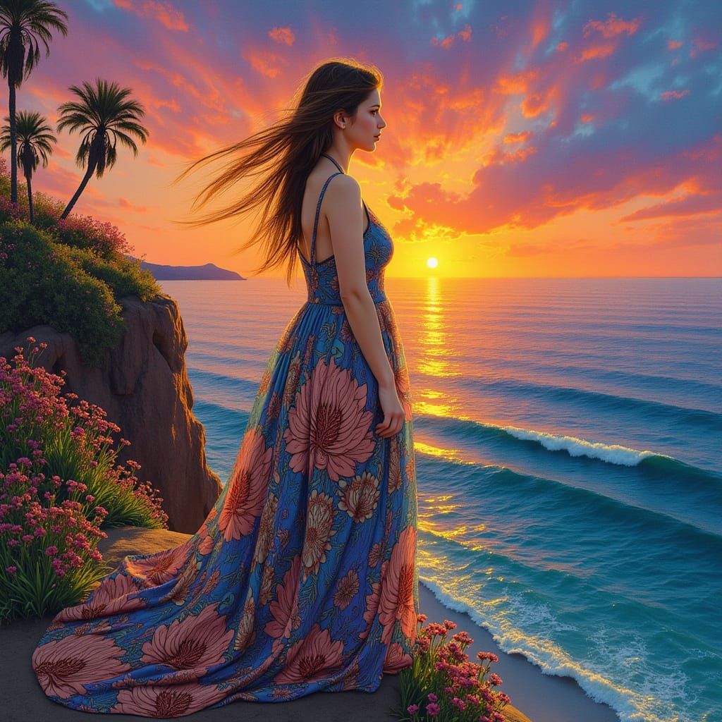 Art Nouveau Woman Overlooking Sunset Ocean