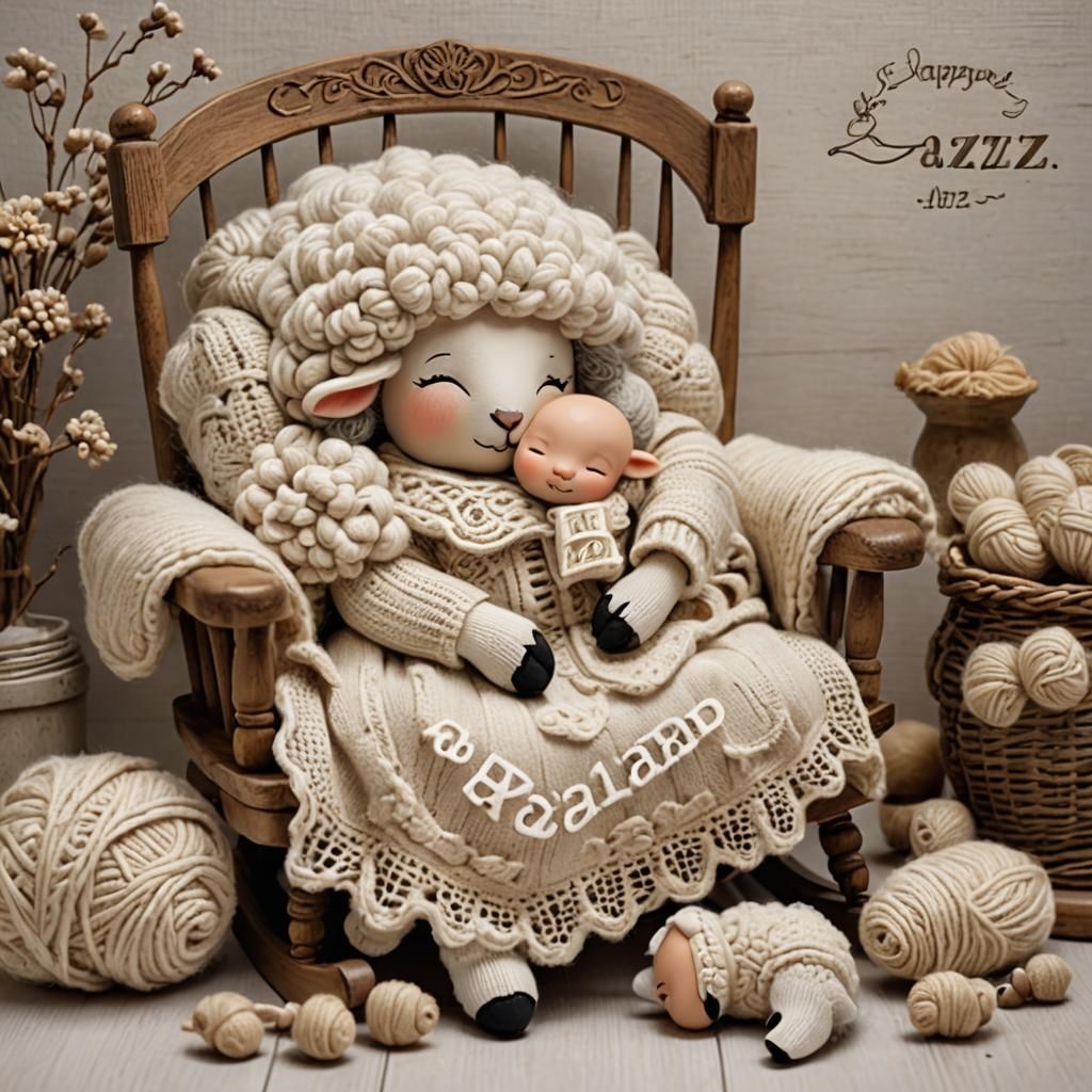 Adorable Sheep Sleeps Beside Knitting Grandmother