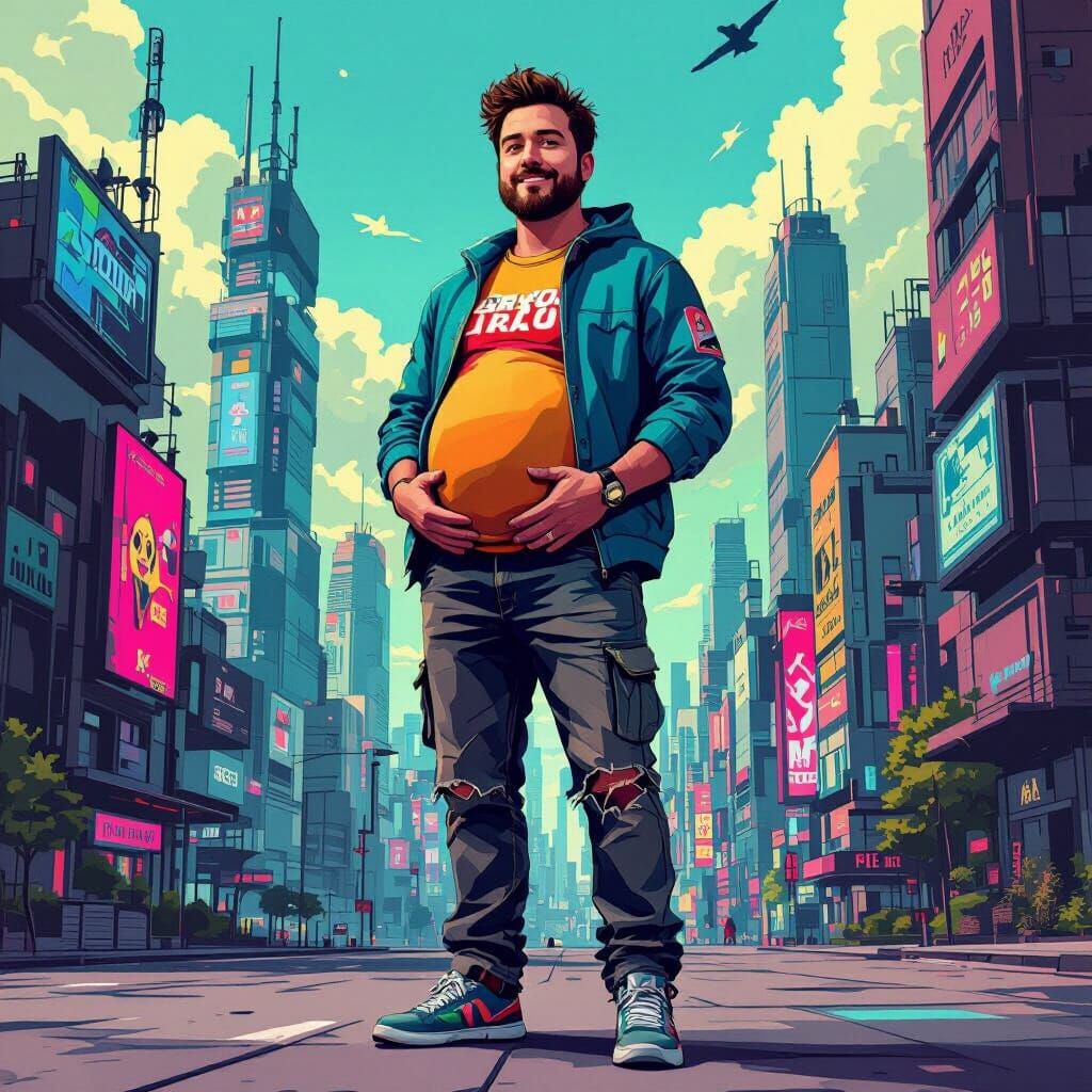 Pregnant Mr. Beast in Dystopian Cityscape