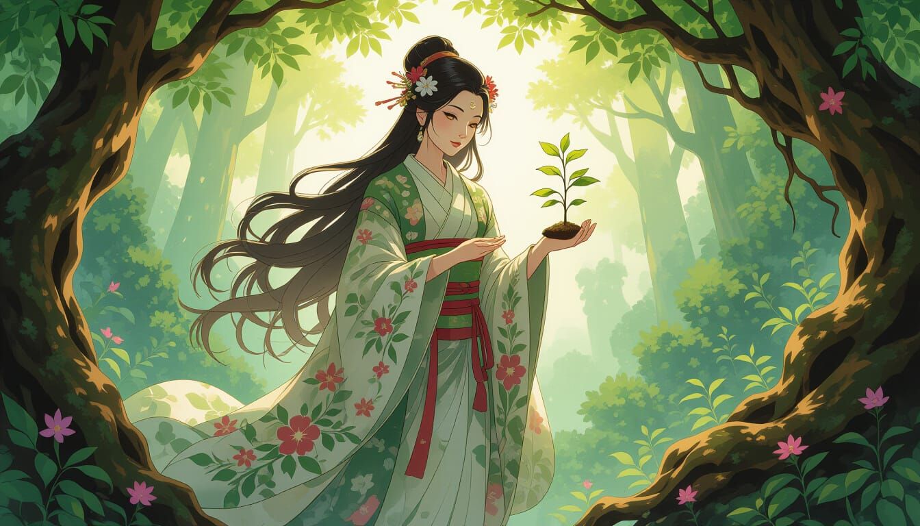 Serene Japanese Earth Goddess Nurturing Forest Life