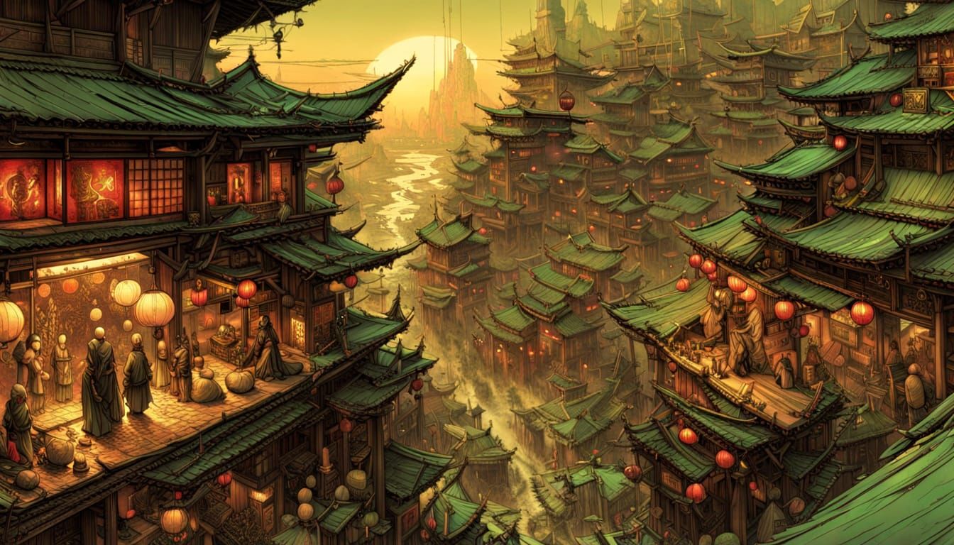 Samurai Village at Sunset in Cyberpunk Fairycore Style
