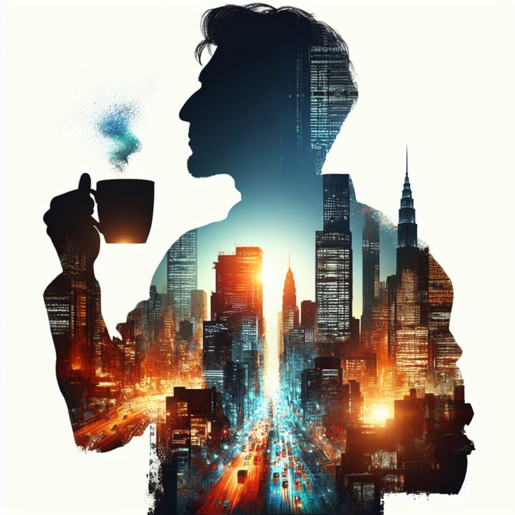 South Asian Man Holds Coffee in a Vibrant Cityscape at Dusk