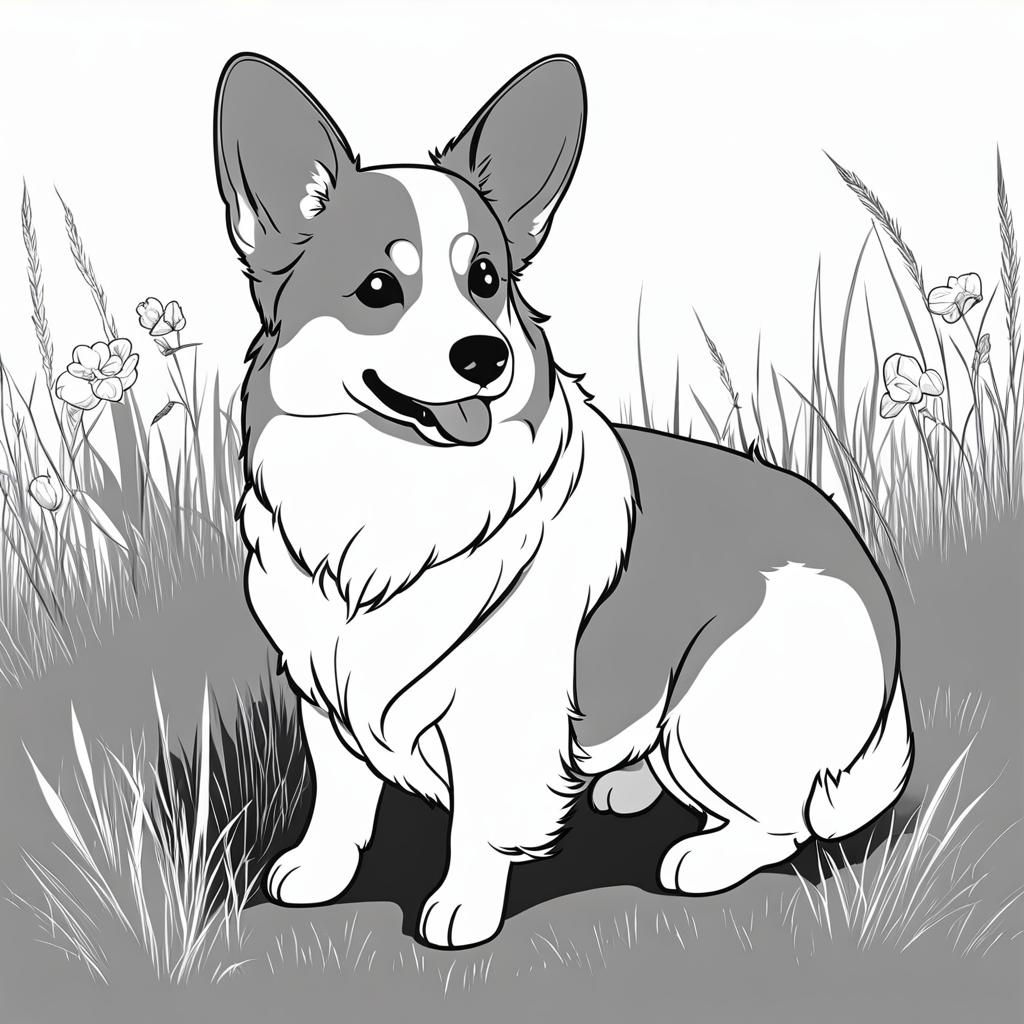 Simple Corgi Line Drawing in Anime Style