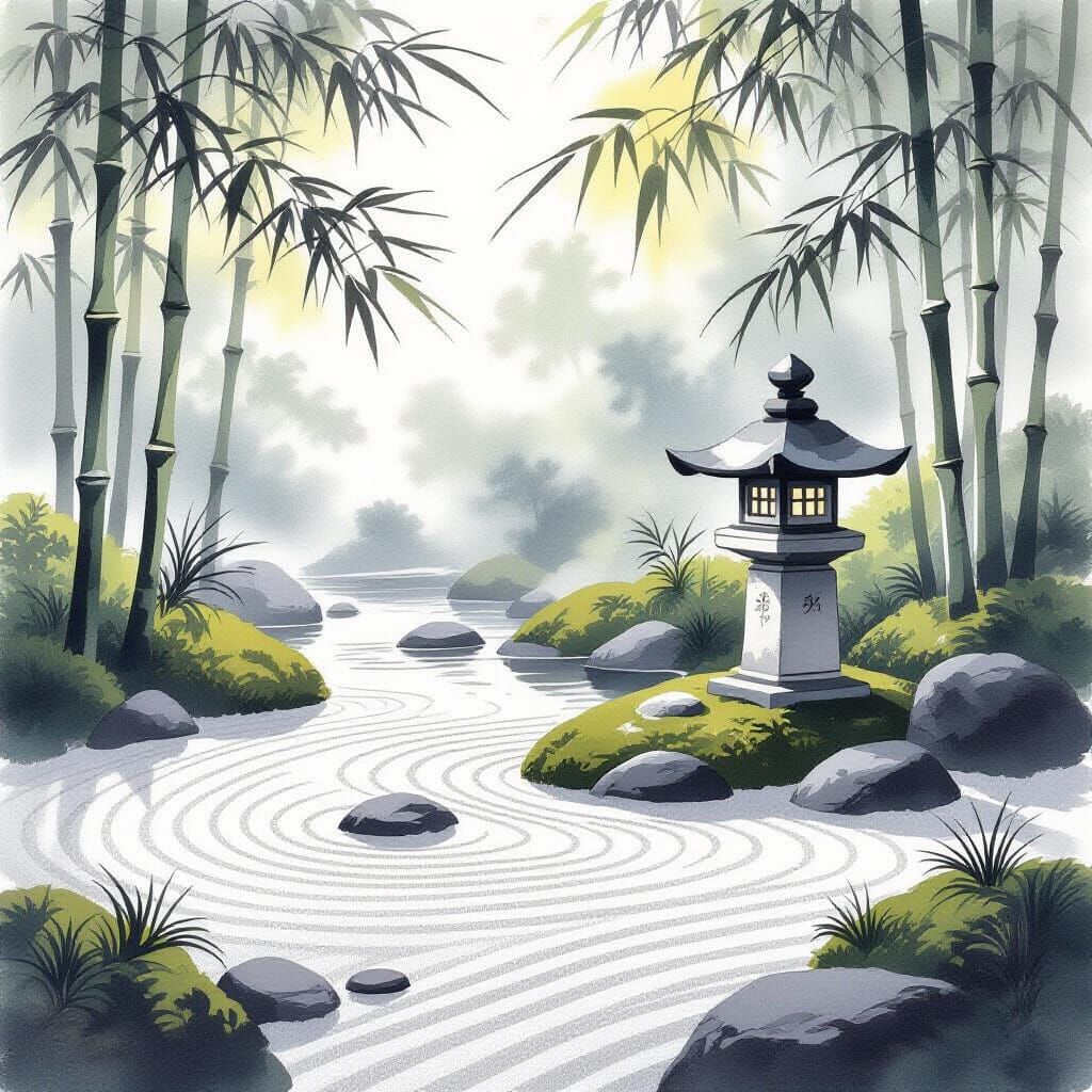 Serene Japanese Garden in Sumi-e Ink Wash Style
