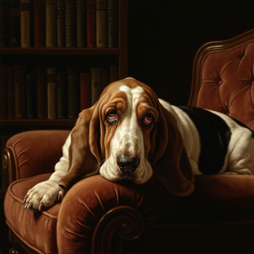 Basset Hound Rests in Dramatic Library, Oil Painting