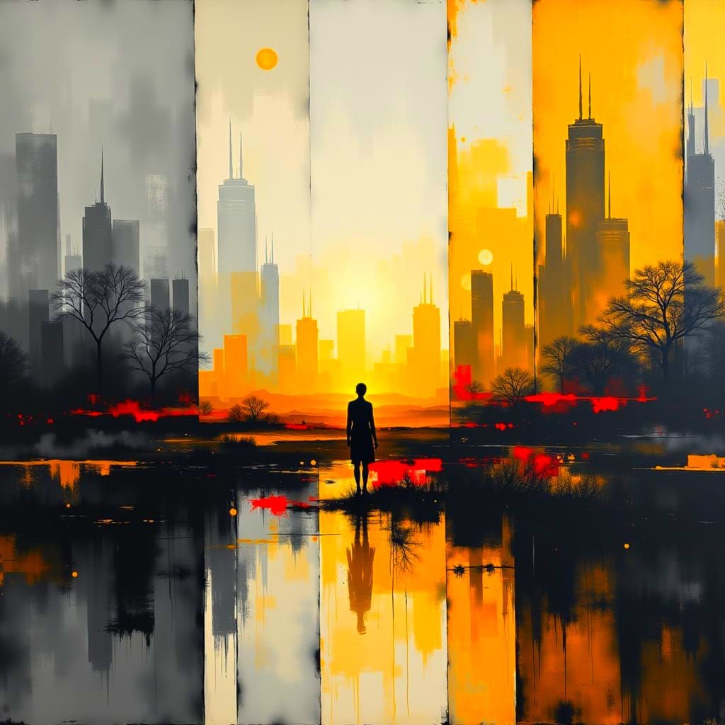 Surreal Cityscape with Fragmented Faces in Overlapping Panel...