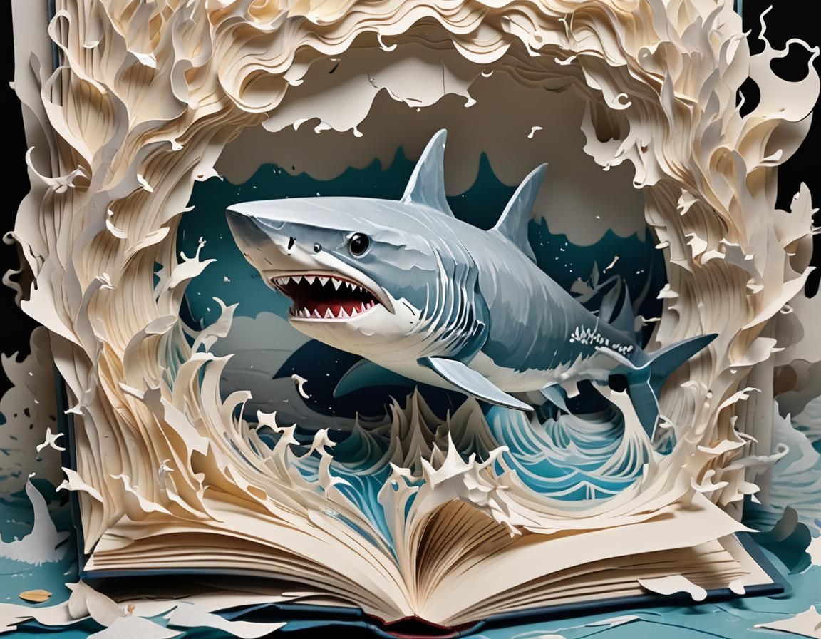 Scary 3D Shark Pop-Up Book Illustration