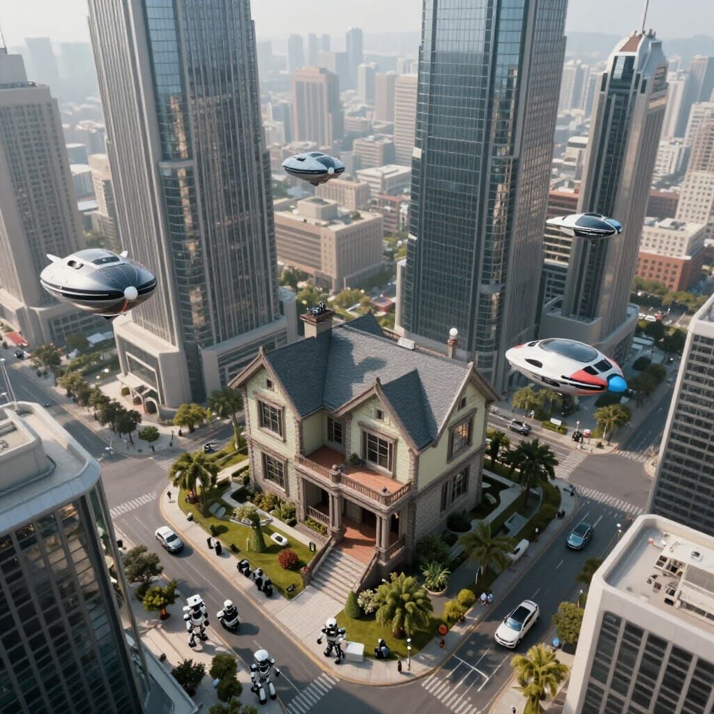 Vintage House in Futuristic Cityscape