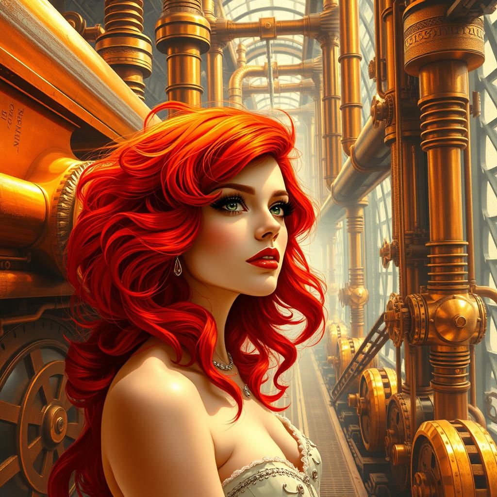 Steampunk Woman in Mechanical Copper Building