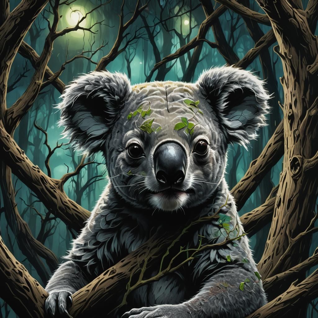 Macabre Koala in Dark Fantasy Forest