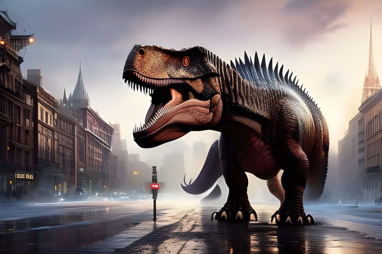 Tyrannosaurus Rex in City, Photorealistic Macro Photography