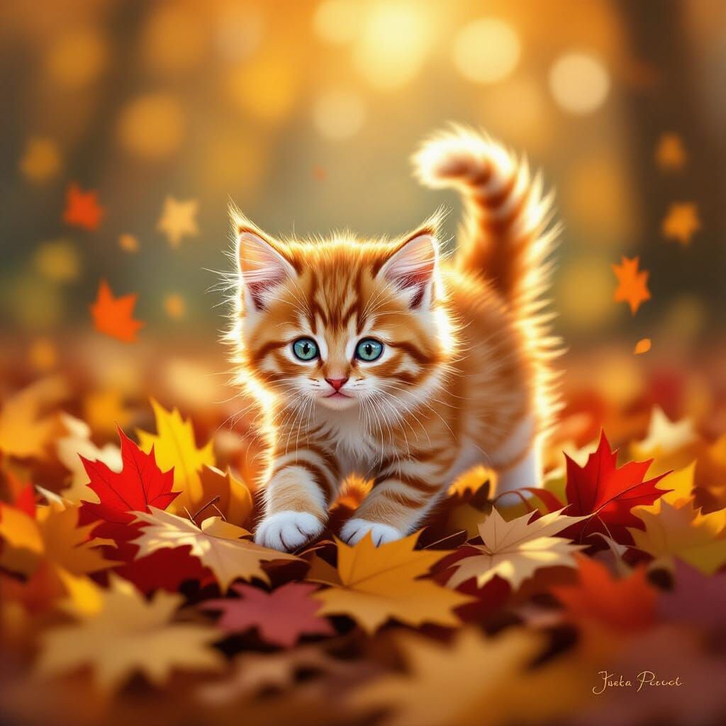 Fluffy Ginger Kitten Pounces on Autumn Leaves