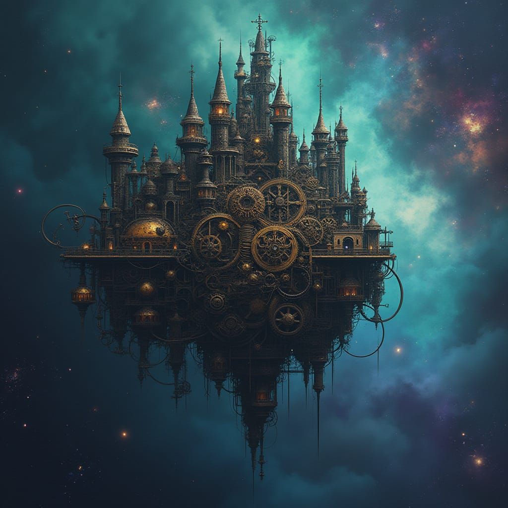 Intricate Clockwork Castle in Deep Space Nebula