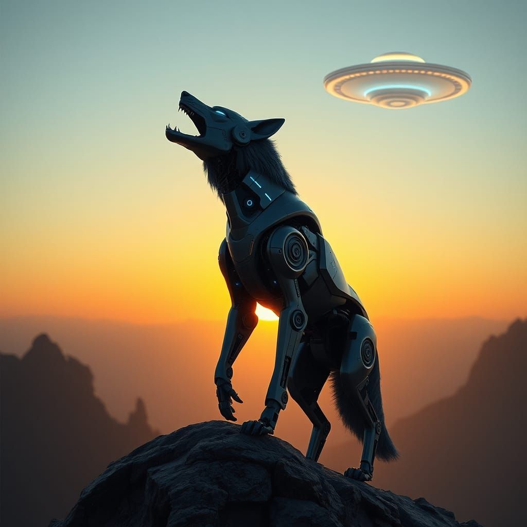 Robotic Wolf Howling at UFO in Futuristic Style