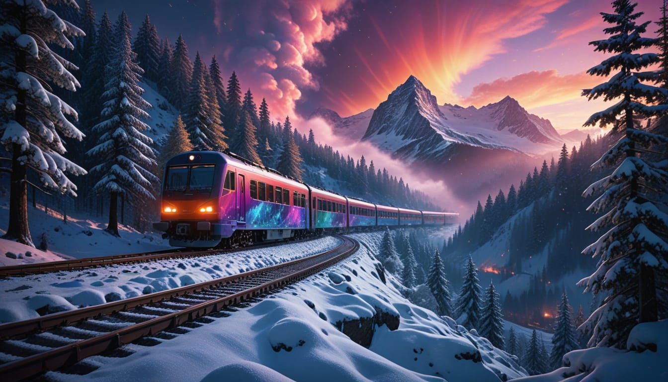 Majestic Train Through Snowy Alps Under Aurora Borealis