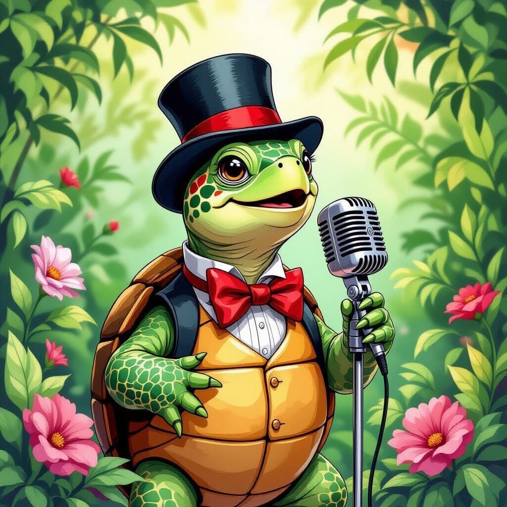 Singing Turtle with Bow Tie in Watercolor Style