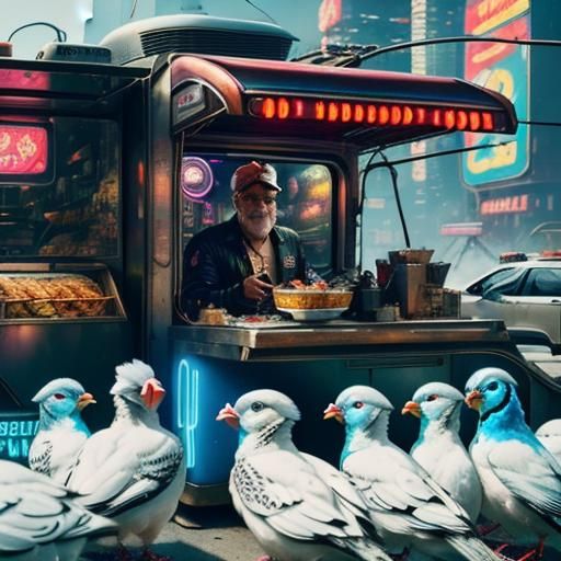 Psychedelic Food Truck with Cyberpunk Bird Delivery