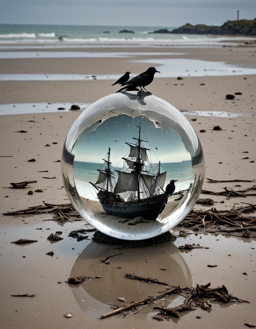 Shipwreck Reflected in Crystal Ball with Birds