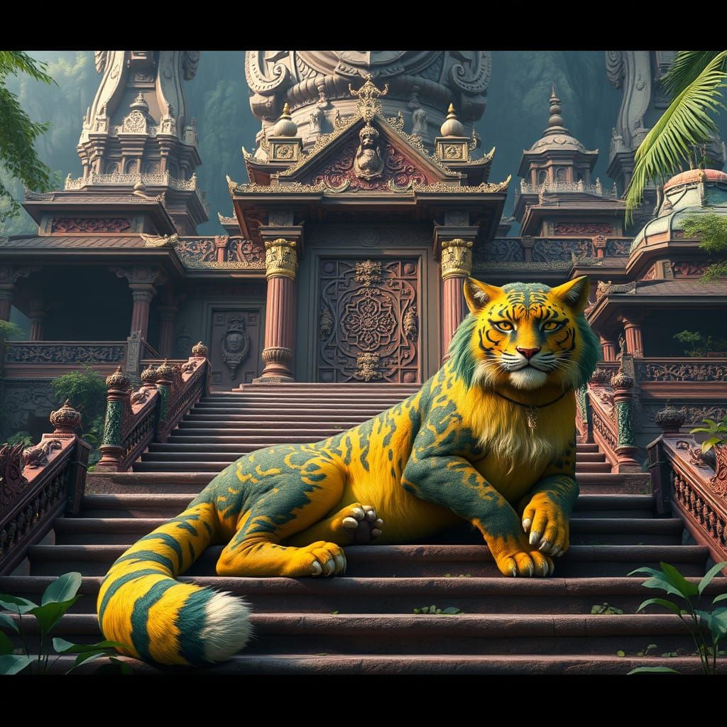 Majestic Green and Yellow Feline on Ancient Palace Steps