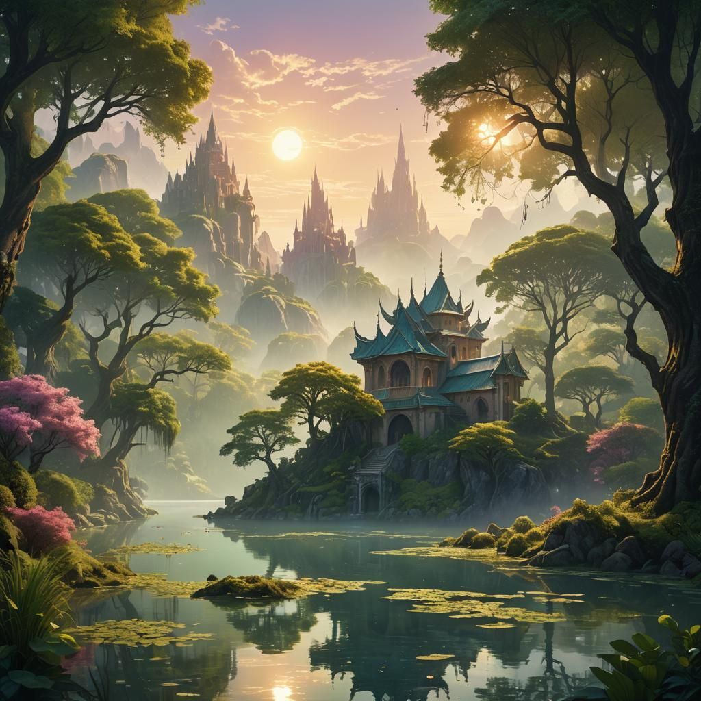 Lush Fantasy Landscape with Serene Lake, Digital Art