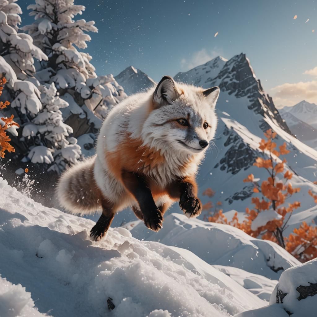 Arctic Fox Leaping in Snowy Mountains, Digital Art