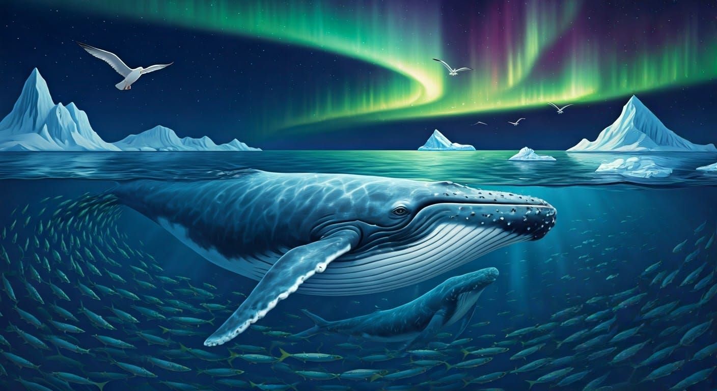 Majestic Blue Whale Mother and Calf Swim Under Northern Ligh...