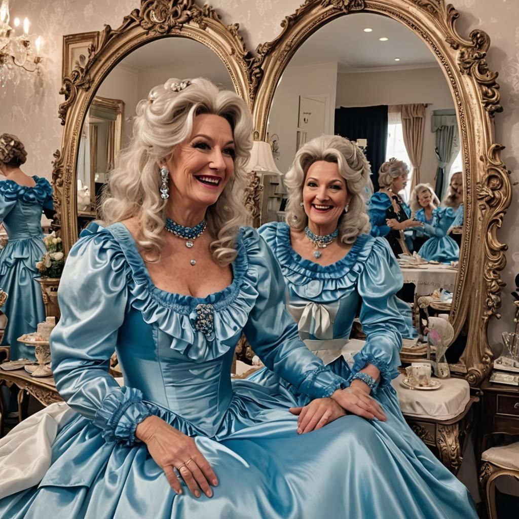 Humorous Satin Couture: Sissy Dresses and Big Mirrors