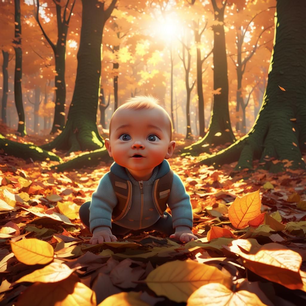 Whimsical Autumn Scene with Baby in a Forest Clearing