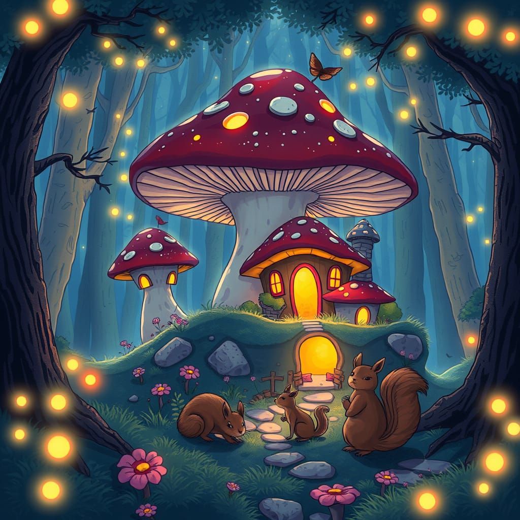 Glowing Mushroom Village in Bioluminescent Forest
