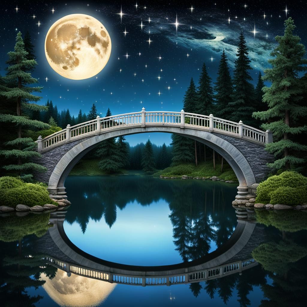 Magical Moon Bridge over Serene Lake