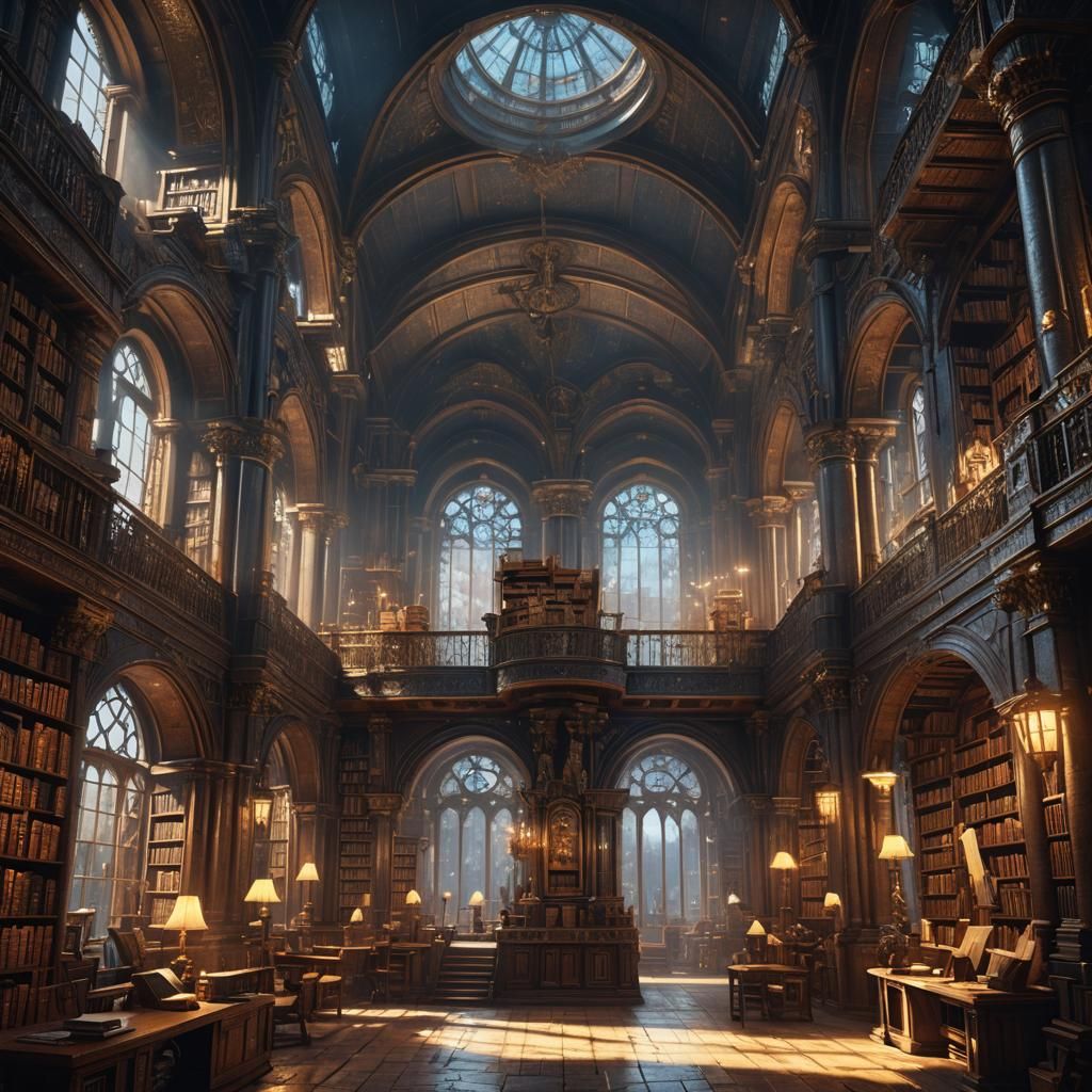 Infinite Ancient Library Overlooking Fantasy City