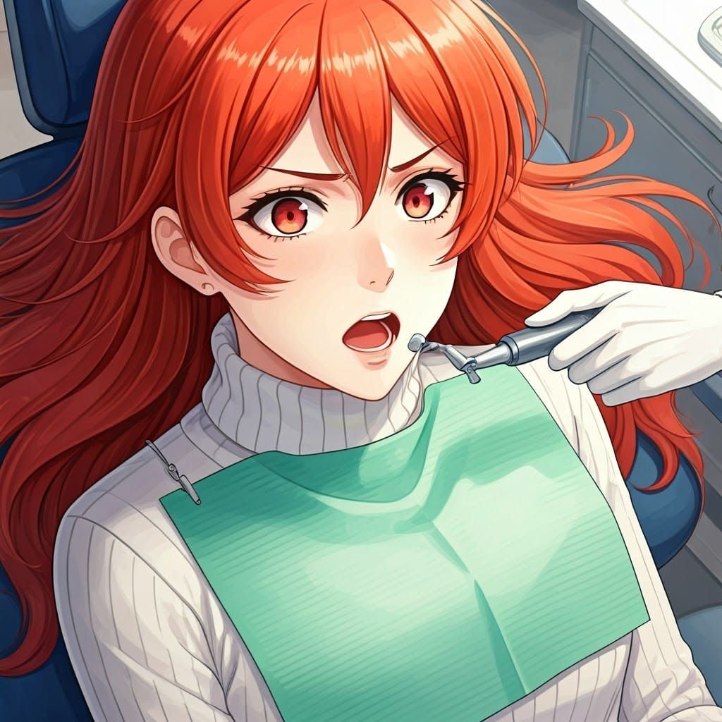 Anime Woman's Dental Fear: Vibrant Manga Illustration