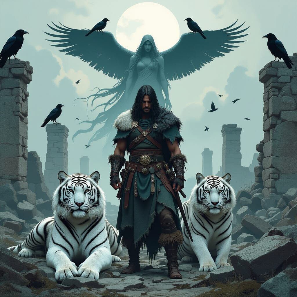 Celtic Warrior with Siberian Tiger and Morrigan