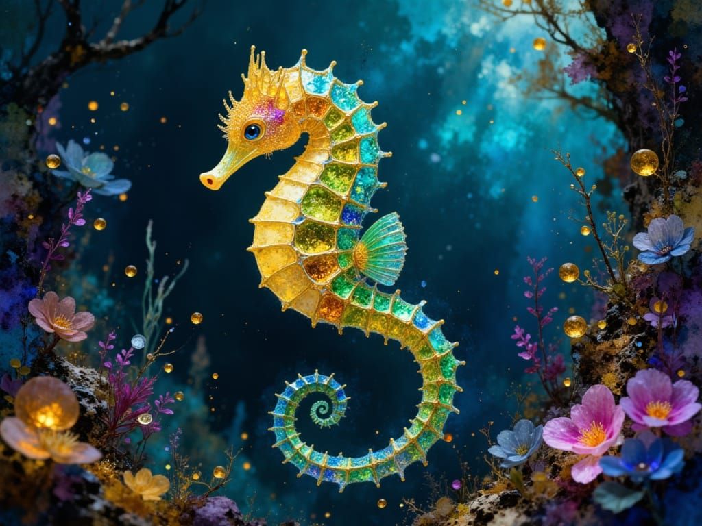 Multicolored Seahorse in Magical Deep Ocean Portrait
