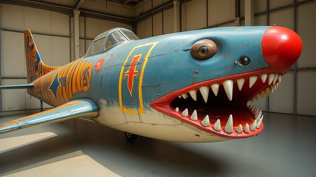 Tiger Shark Fighter Plane Artwork in Vintage Warplane Style