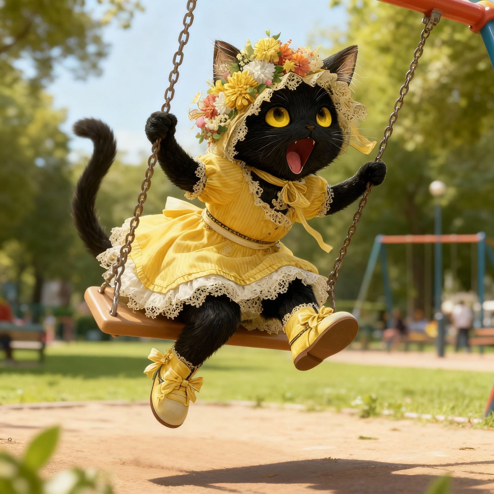 Cute Catgirl Swinging High in Park