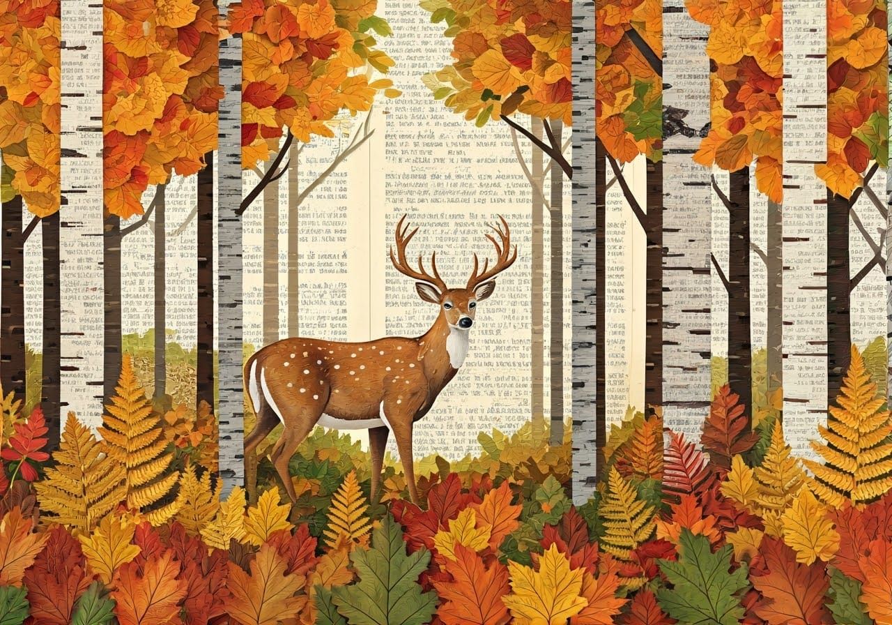 Autumn Forest Paper Collage with Deer