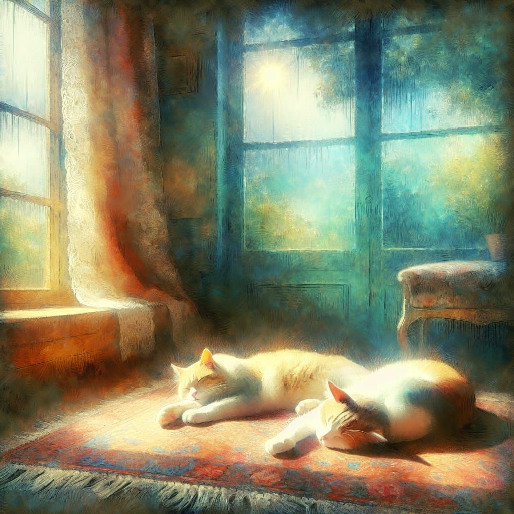 Cats Sleeping in Sunlight: Impressionist Digital Painting